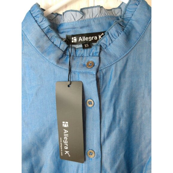 Allegra K Womens XS Blue Ruffle High Neck Button Front Short Sleeve Dress NWT - Picture 2 of 6